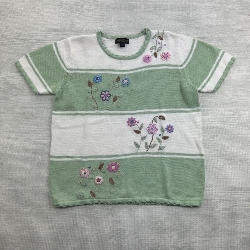 Vintage 90s Salon Studio by Haband Striped Floral Sweater Size XL Green Flower